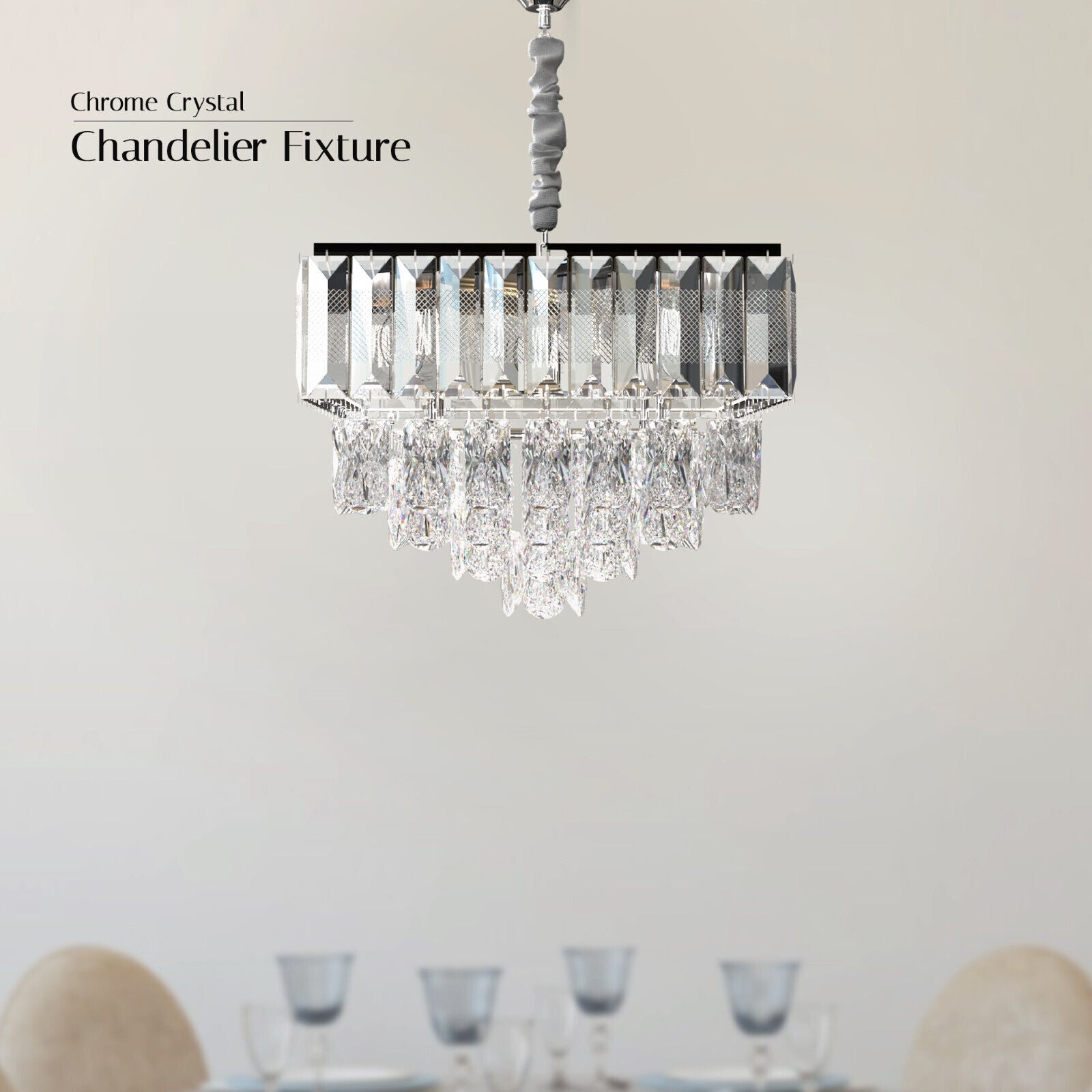 Crystal Glass Rectangular Layer Chandelier Ceiling Hanging Light