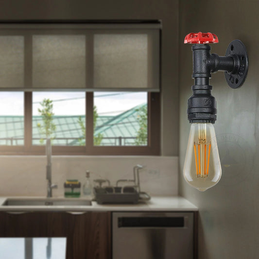 Vintage Black Metal Water Pipe Wall Sconce Light Holder with Wheel~2070