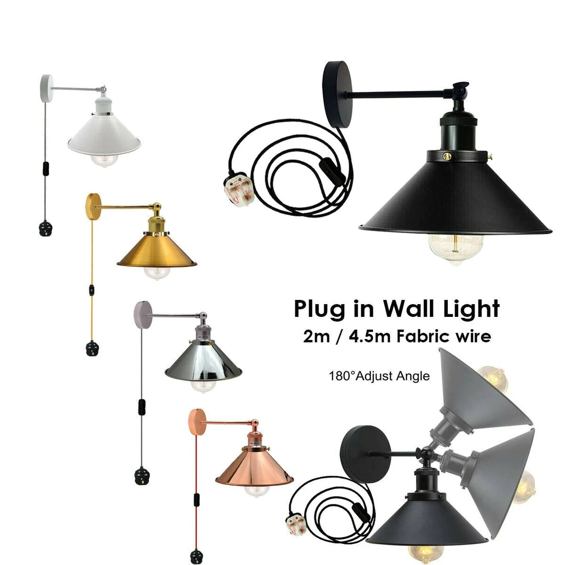 2M 4.5M fabric braided plug in wall light cable in various colour