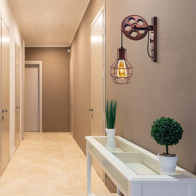 Lámpara de pared rústica estilo loft roja con polea retráctil y elevadora antigua, iluminación de pared ~1912