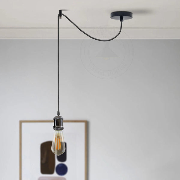 Ceiling Pendant Light Fitting Long Drop | Spider Pendant Light Industrial Kit | 2m Cable ~6179 – Shiny Black / Yes