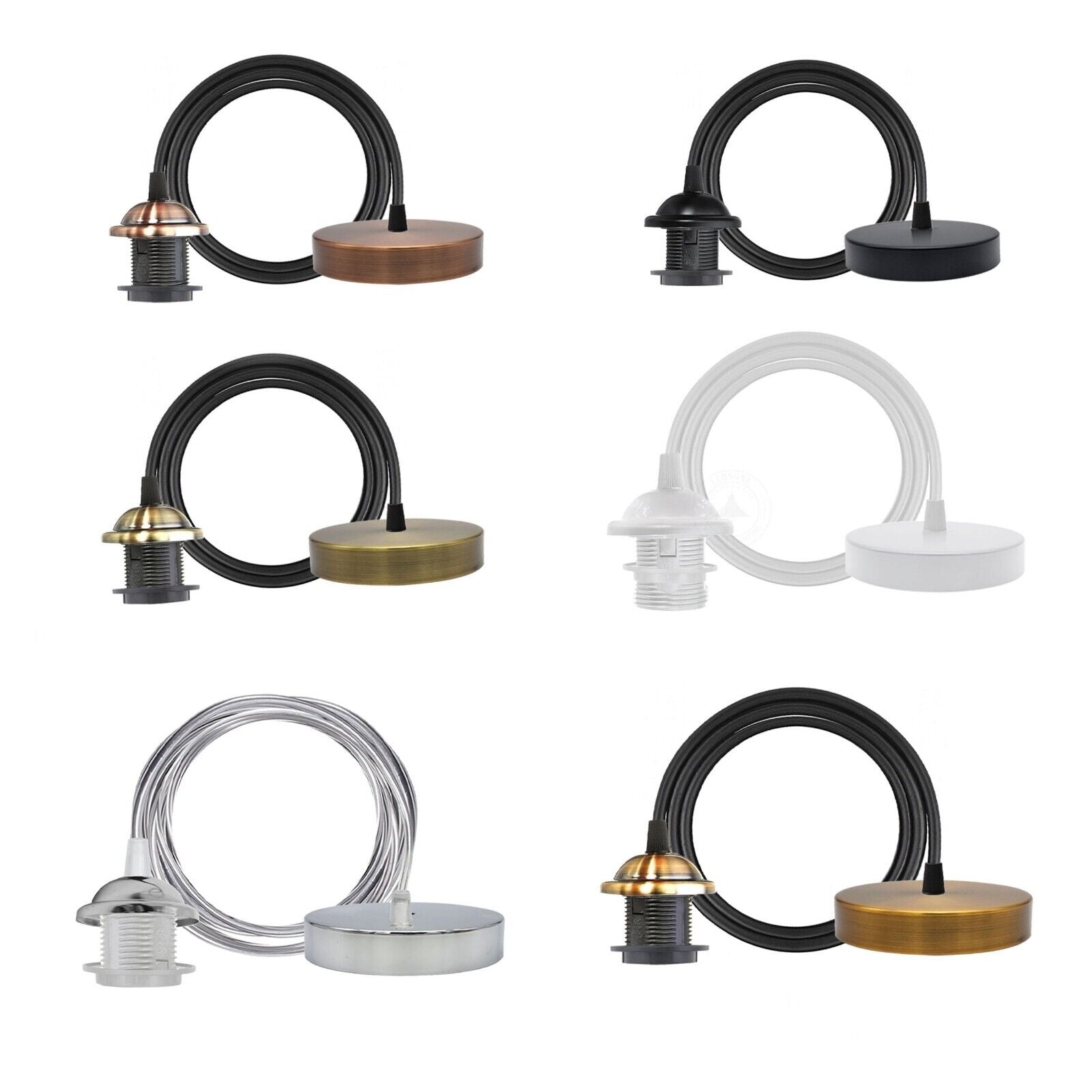A collection of pendant light fittings with vintage styles, including options in different colors such as black, bronze, and silver, with a white light shade.