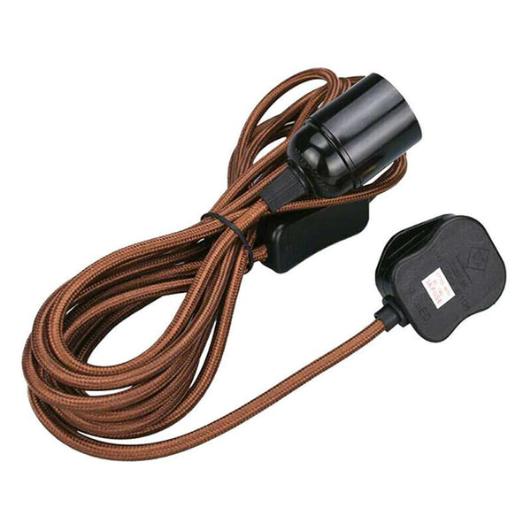 4m stoffen flexkabel UK roségoudkleurige plug-in hanglampset E27-lamphouder + schakelaar ~ 3753 – Bruin