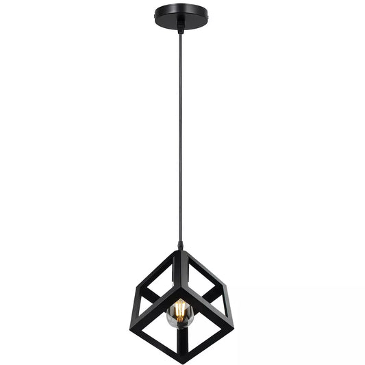 Modern Black Square Cage Pendant Light – Industrial Iron Metal Frame~1987