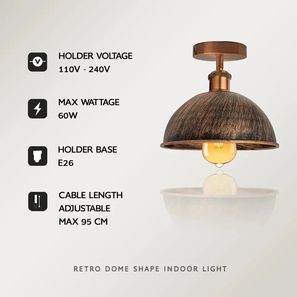 Retro dome shape indoor light with specifications on a white background