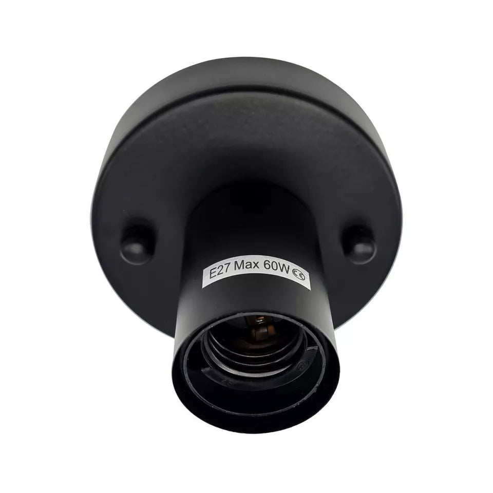 A ceiling-mounted industrial-style E27 plain pattern lamp bulb holder with a black finish and an exposed amber-colored bulb.