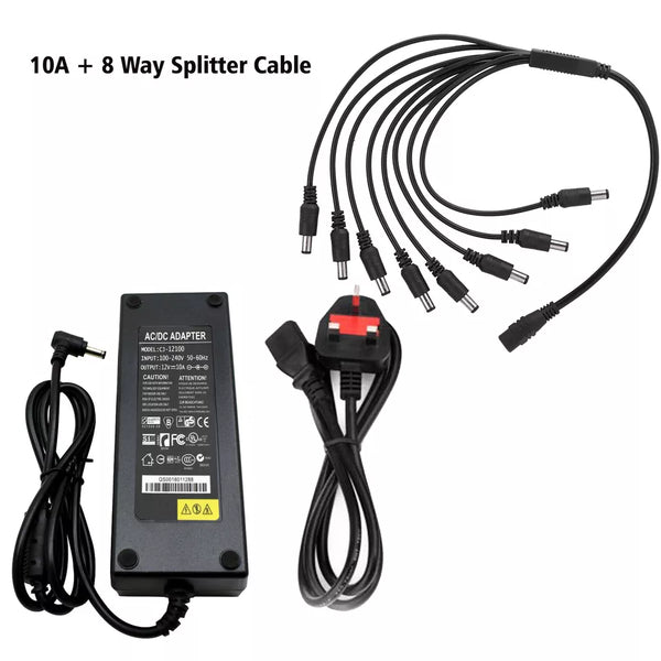 AC DC 120W 10A Power Adapter Supply Charger Transformer~2367 – Adapter + 8 Way Splitter cable