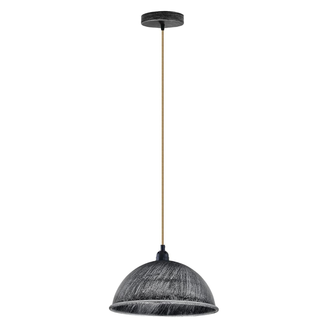 brushed silver pendant light with textured shade on a white background