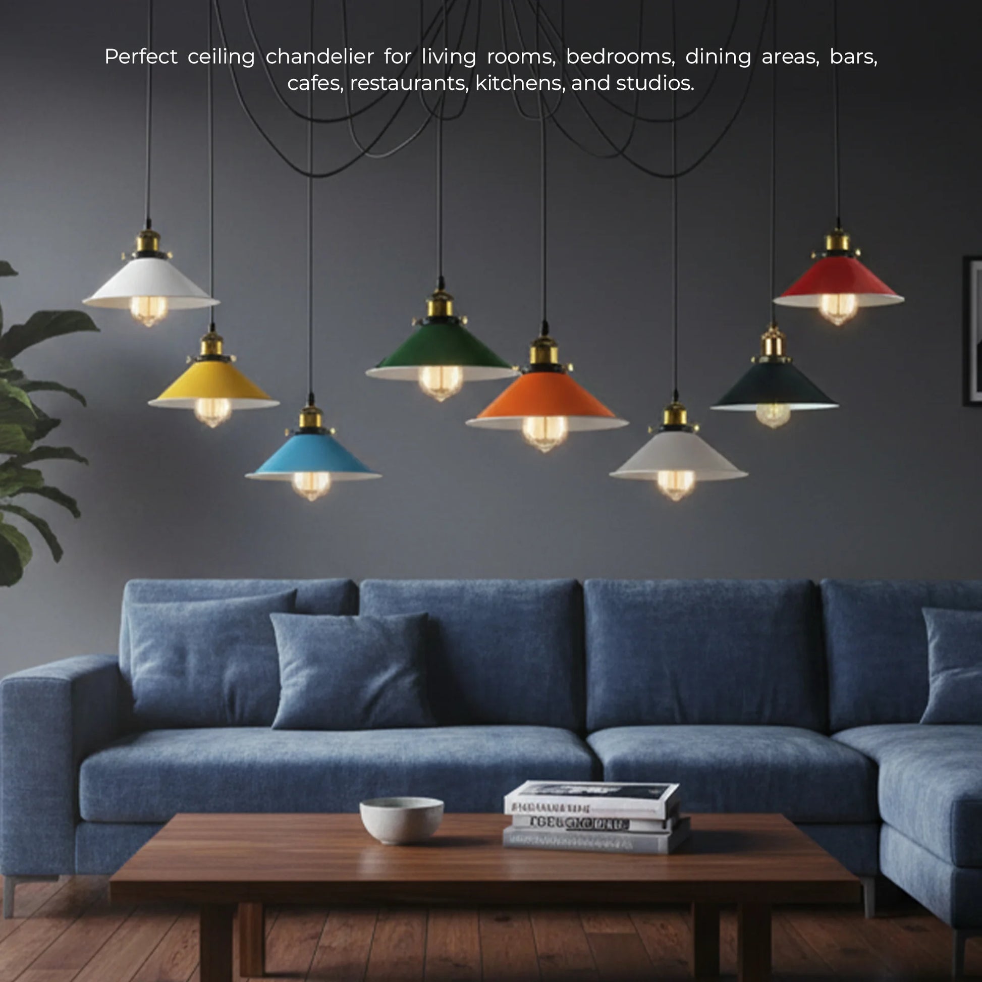 Colorful pendant lights hanging above a blue sofa in a living room setting.