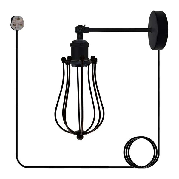 Plug-in Industrial Wall Lamp – Black Wire Cage – E27 Vintage Style~5059 – Style 1 / No