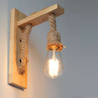 Rustic Wooden Rope Wall Lamp Vintage Indoor Lighting ~4568