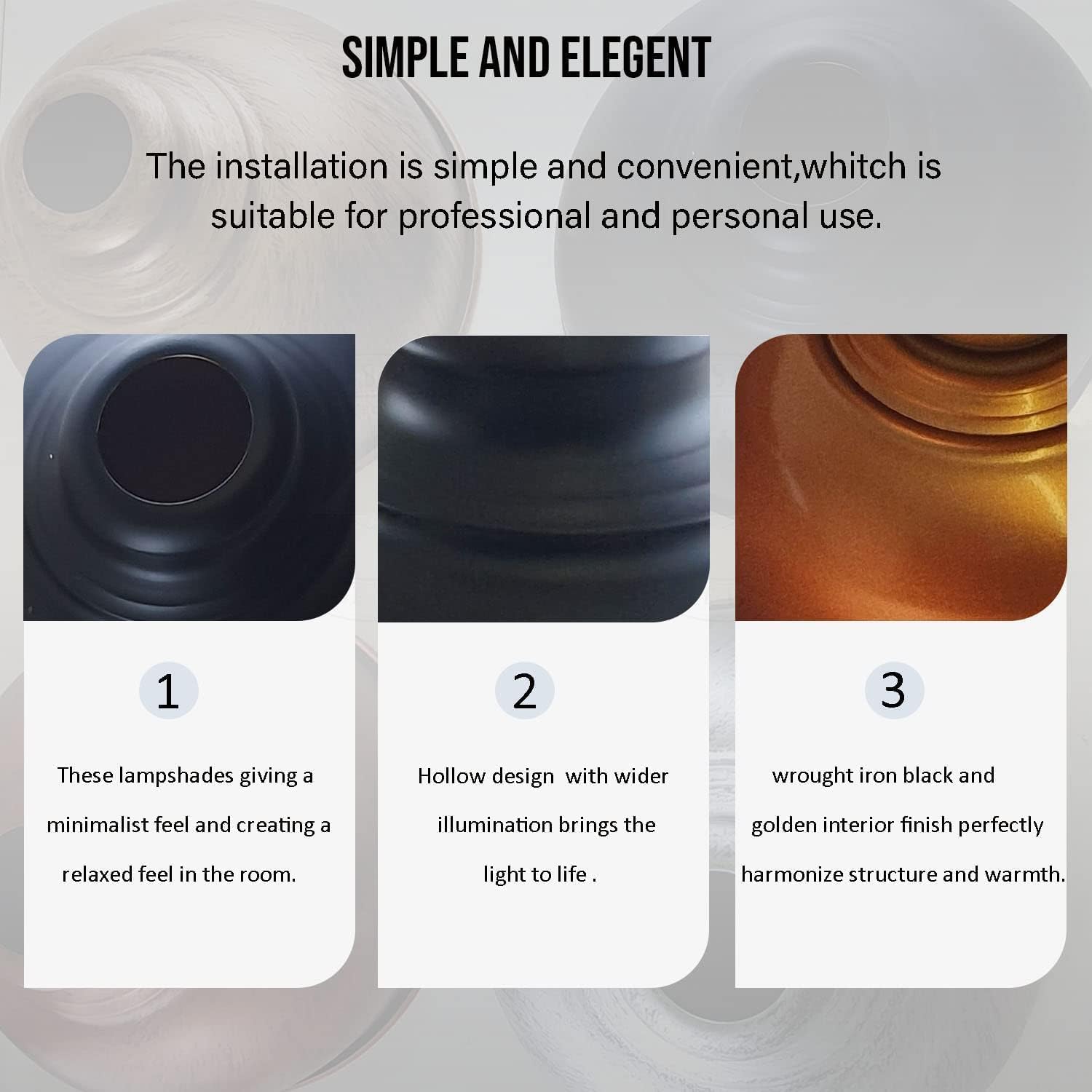 Lampshade design with text on simplicity and elegance, featuring close-up images of the product 0cm dome light shade, industrial black metal lampshade, easy fit E27 ceiling shade black, 300mm retro pendant light cover, black vintage kitchen light shade