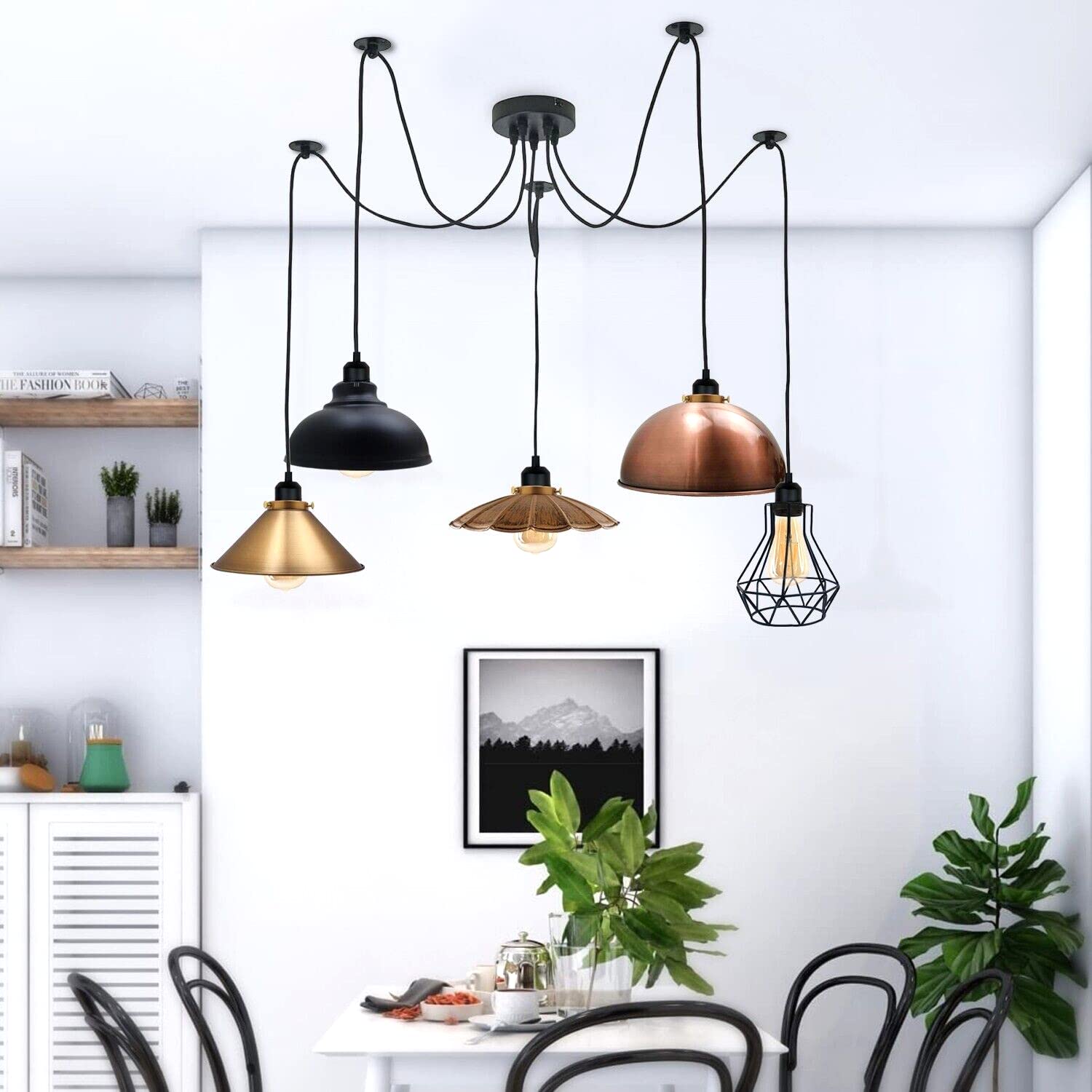 e27 edison side vintage retro 5-light spider chandelier with Edison bulbs, black industrial pendant light kit, adjustable retro ceiling light set, vintage 5-head fixture for dining table, exposed filament bulb chandelier