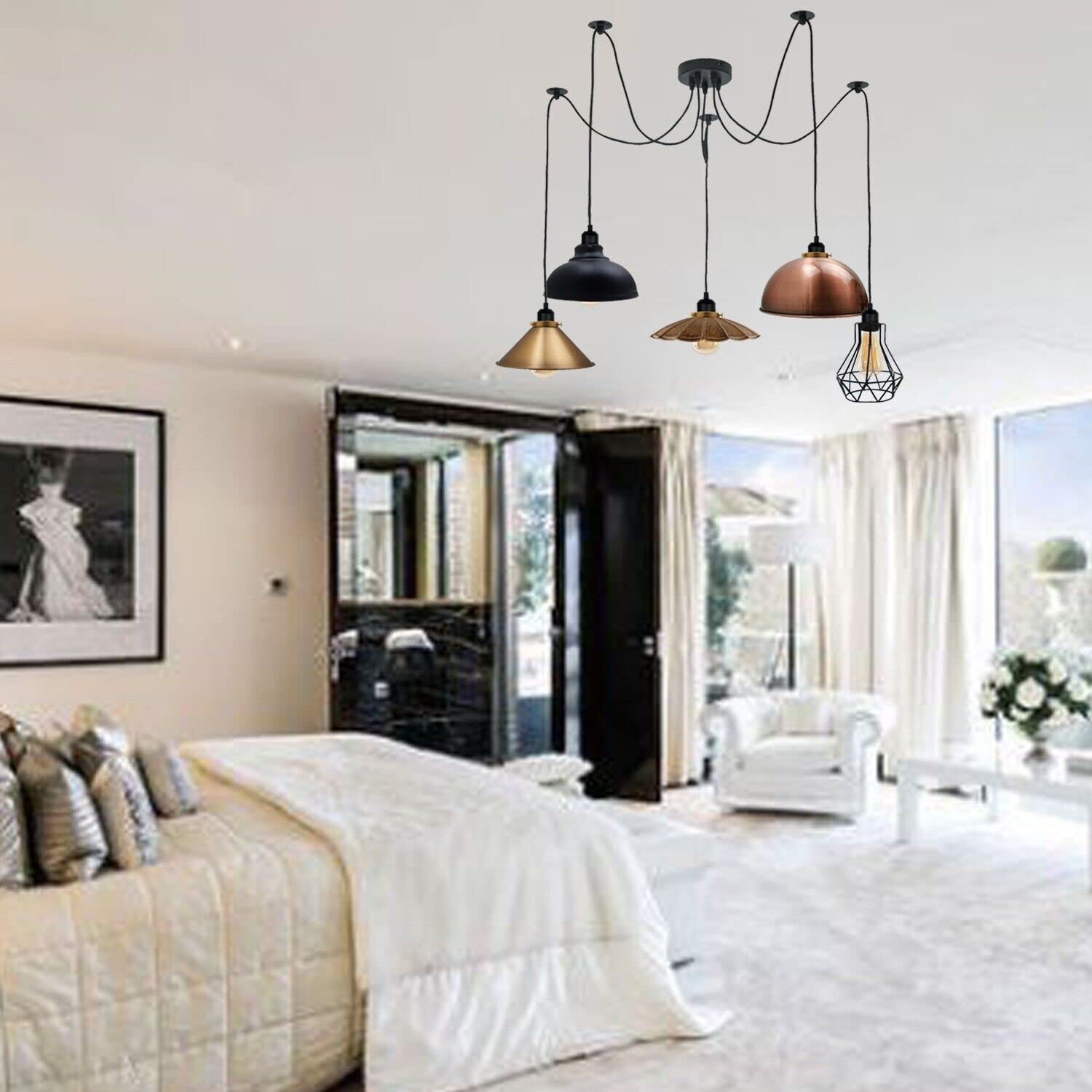 light side spider vintage black industrial 5-light pendant, adjustable spider chandelier fixture, matte black exposed bulb ceiling light, DIY E27 socket multi-pendant, vintage loft lighting