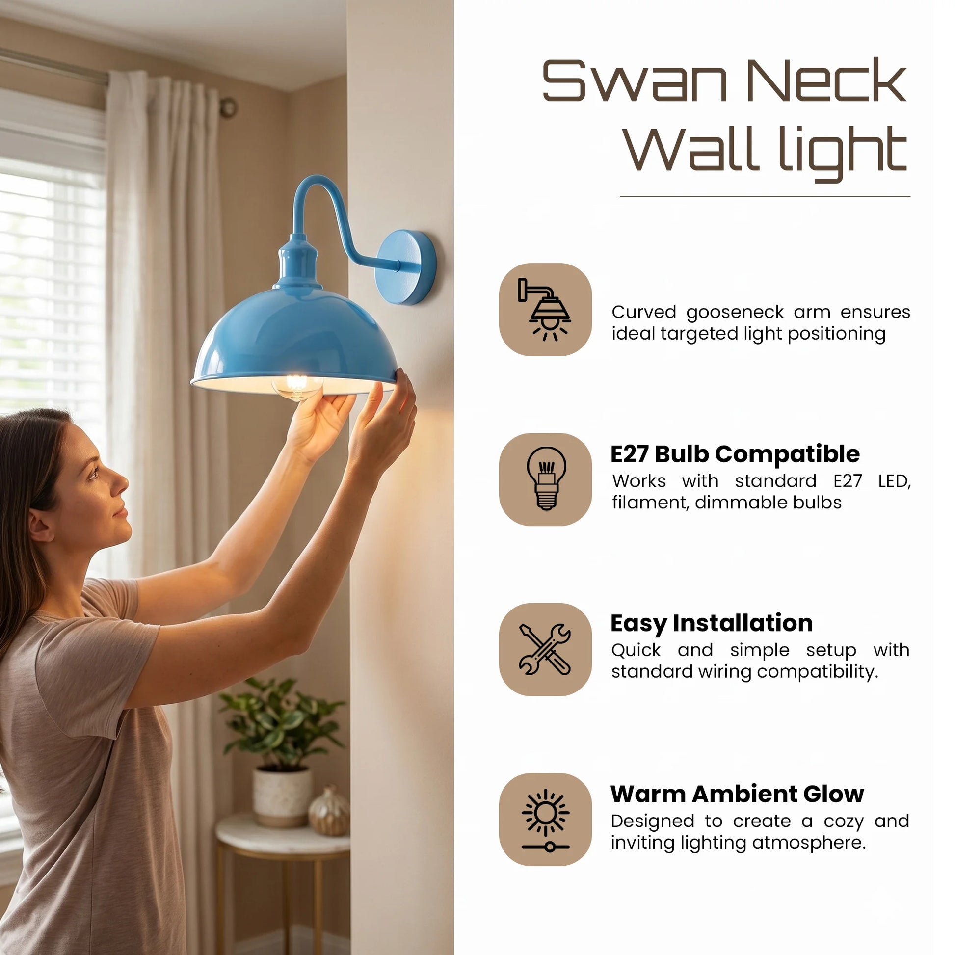 A woman in a bedroom adjusts a blue Swan Neck wall light fixture mounted on a beige wall. The right side of the image features text and icons describing product features: curved gooseneck arm, E27 bulb compatibility, easy installation, and warm ambient glow.
