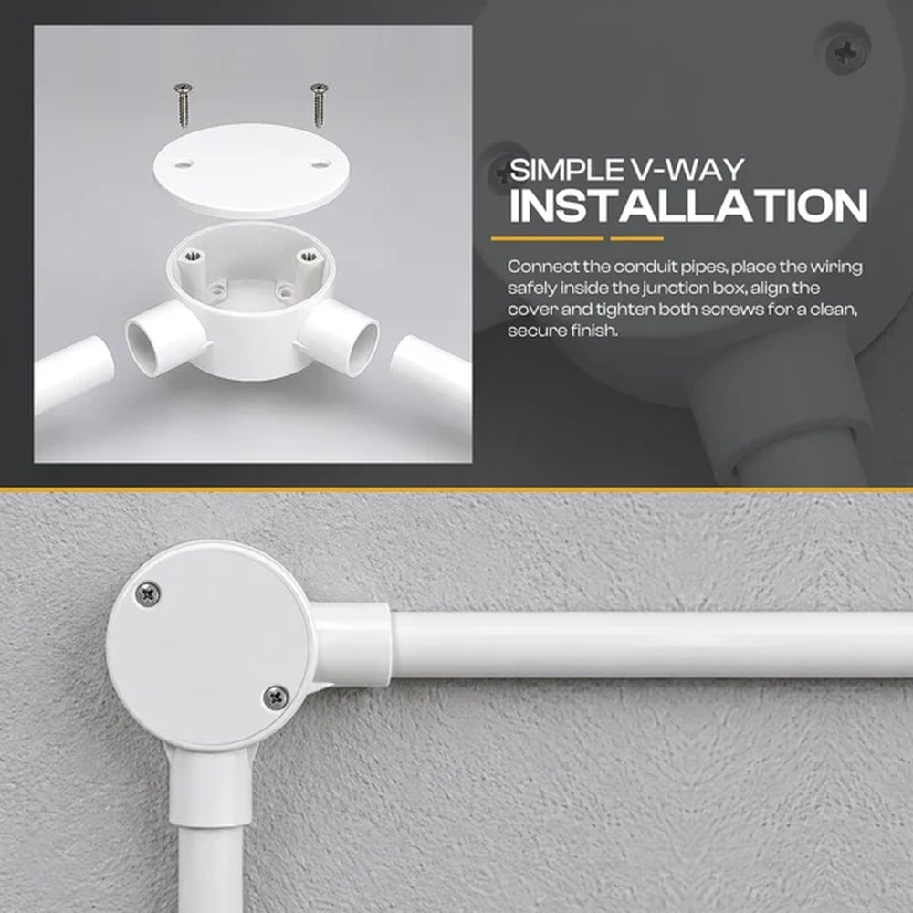 V-way junction box installation steps with cover and conduit