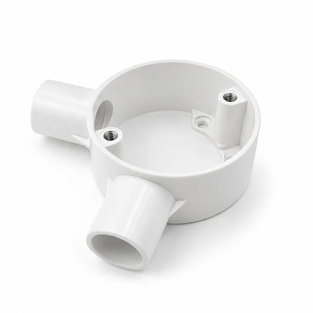 single white angle junction box with two conduit entries