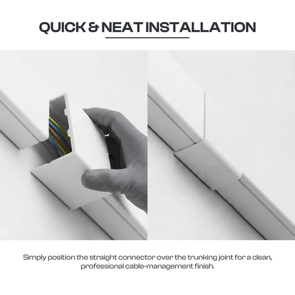 straight connector placed over a trunking joint hiding cables