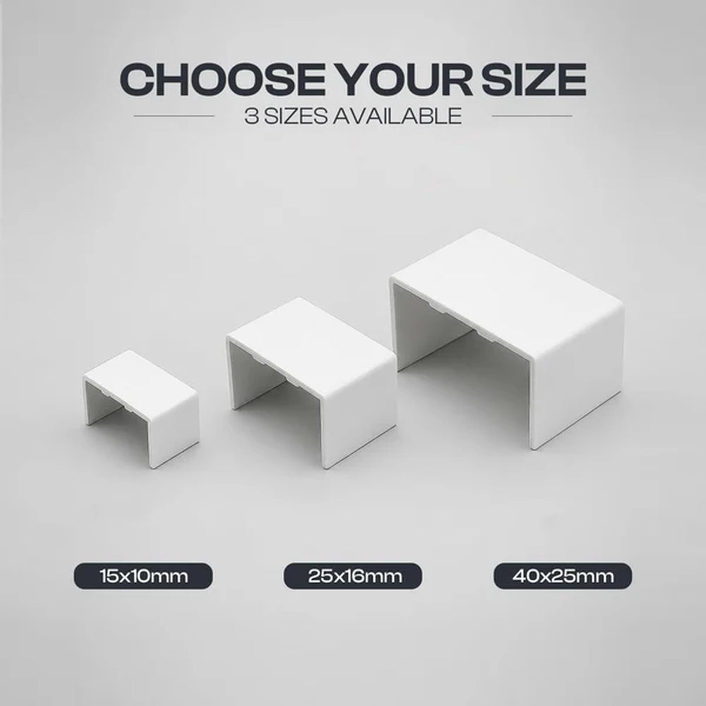three sizes of white straight connectors: 15x10, 25x16, 40x25mm