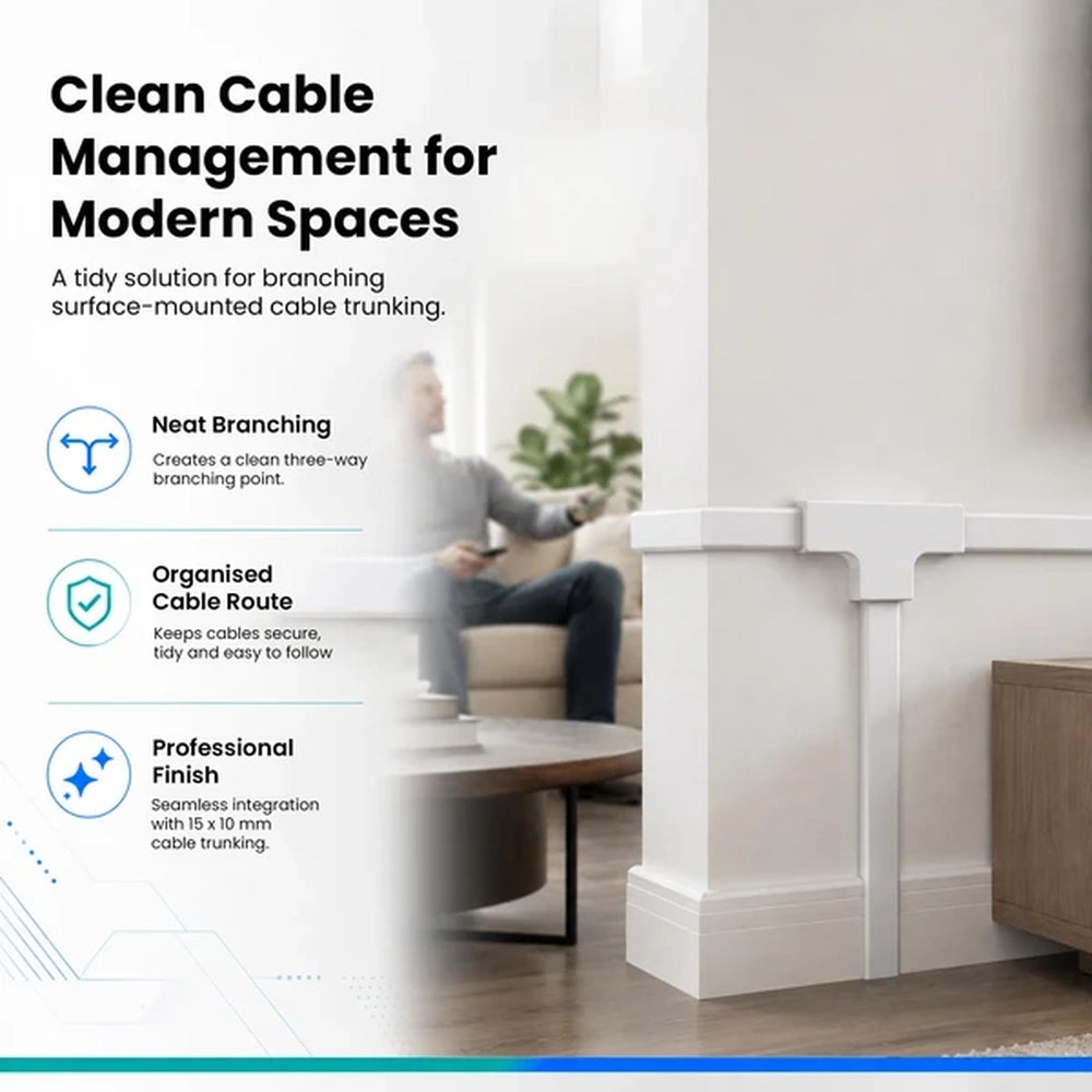 T-junction branching trunking for tidy cables in a living room