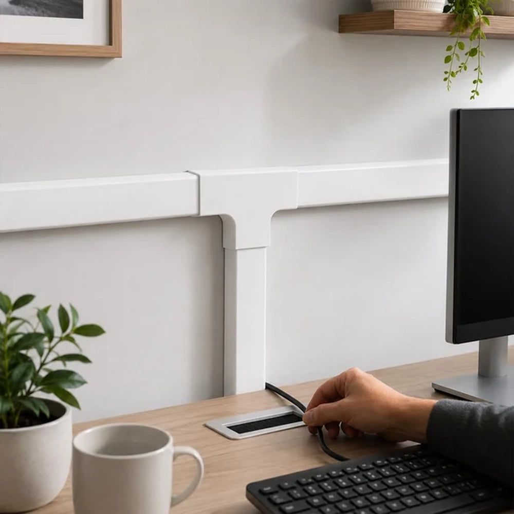 white trunking T-junction on a wall behind a desk