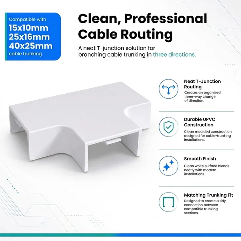 white T-junction for 15x10, 25x16 and 40x25mm cable trunking