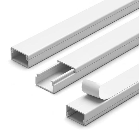 three sizes of white self-adhesive cable trunking, 2 metre lengths
