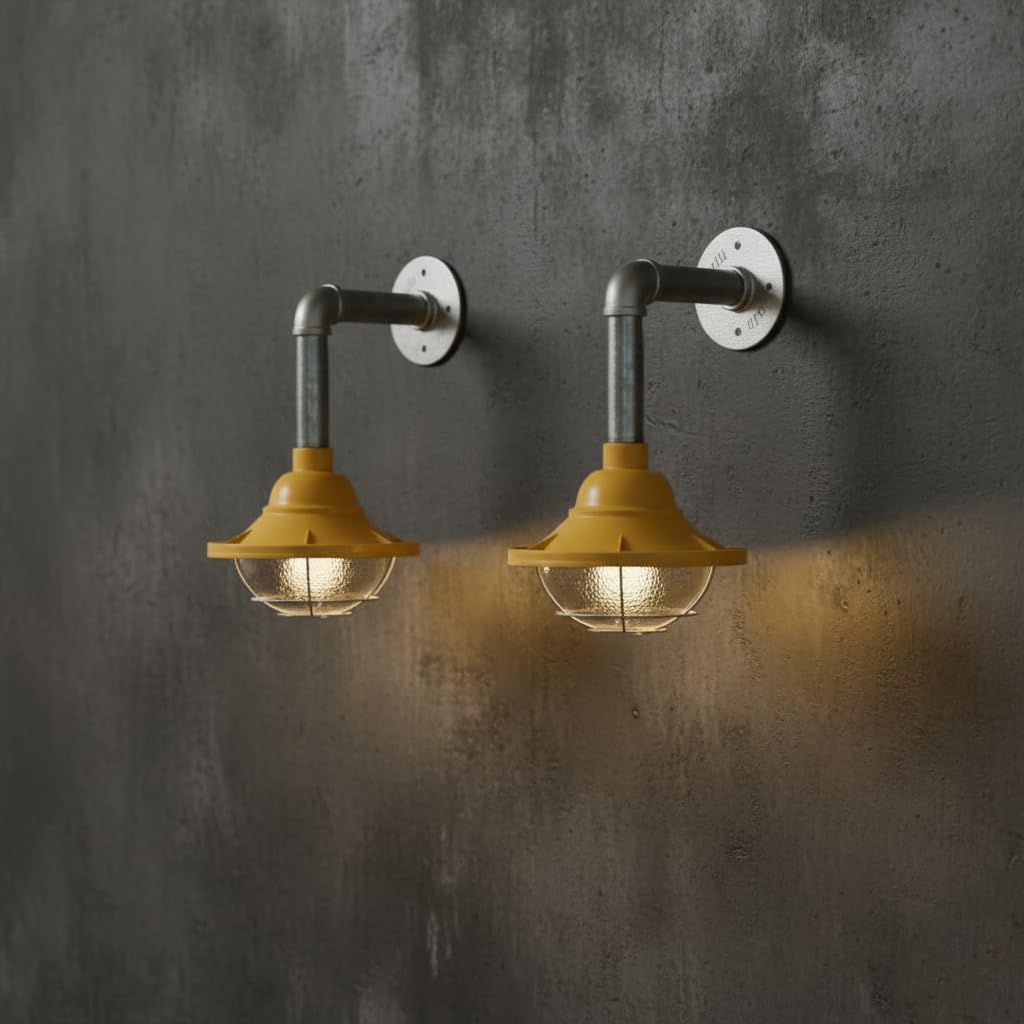yellow conduit wall light 2-pack, E27 bulb included metal sconce, yellow industrial wall lamp pair, galvanised pipe light 10.5cm, vintage loft wall fixture