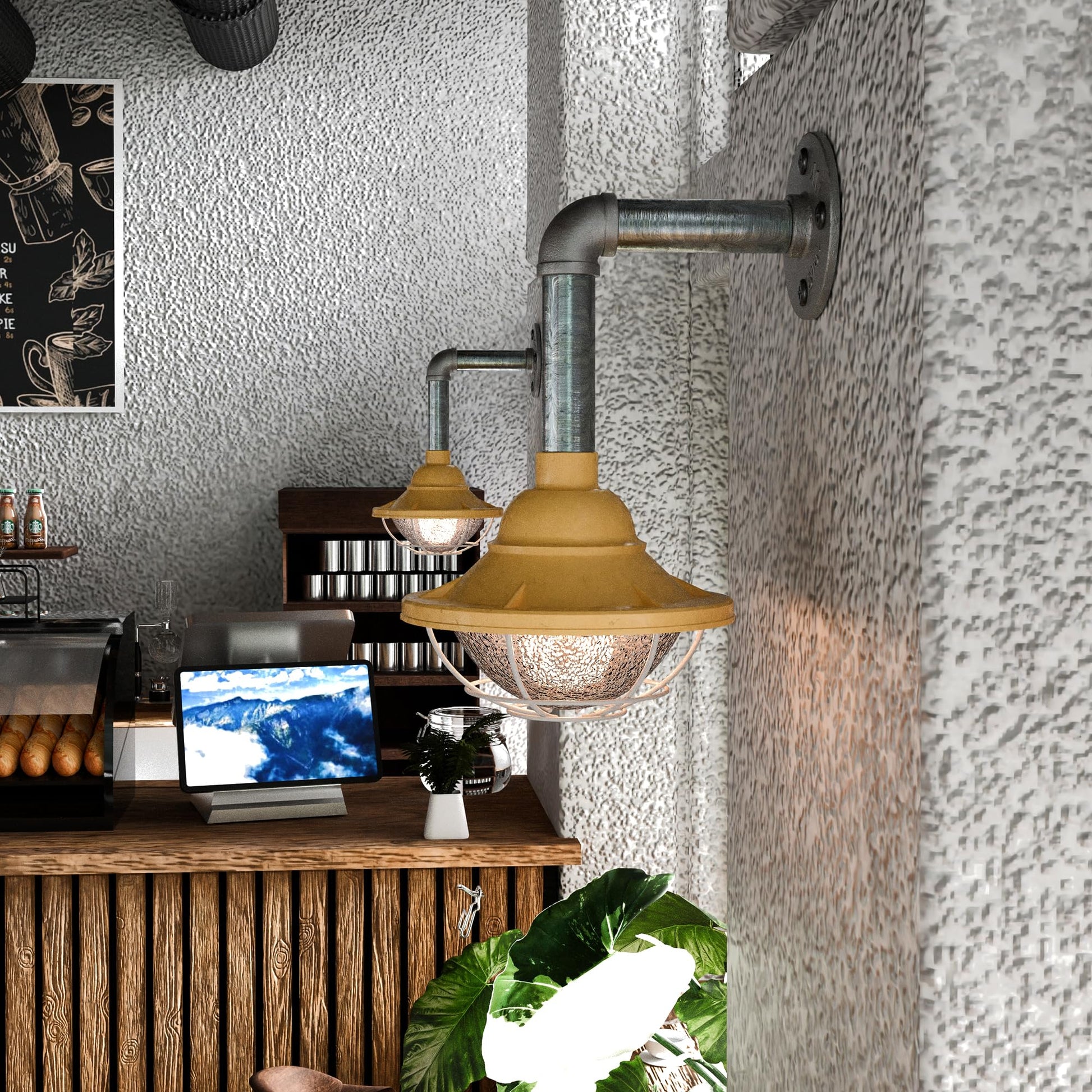 yellow conduit wall light 2-pack, E27 bulb included metal sconce, yellow industrial wall lamp pair, galvanized pipe light 10.5cm, vintage loft wall fixture