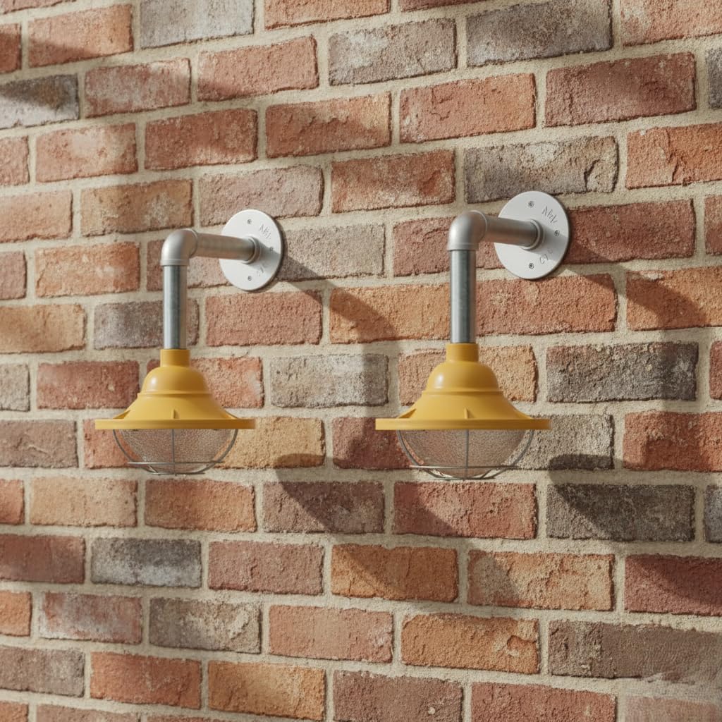 yellow galvanised steel wall light, E27 socket wall lamp 2-pack, industrial pipe light no bulb, yellow metal wall sconce, 10.5cm retro wall light