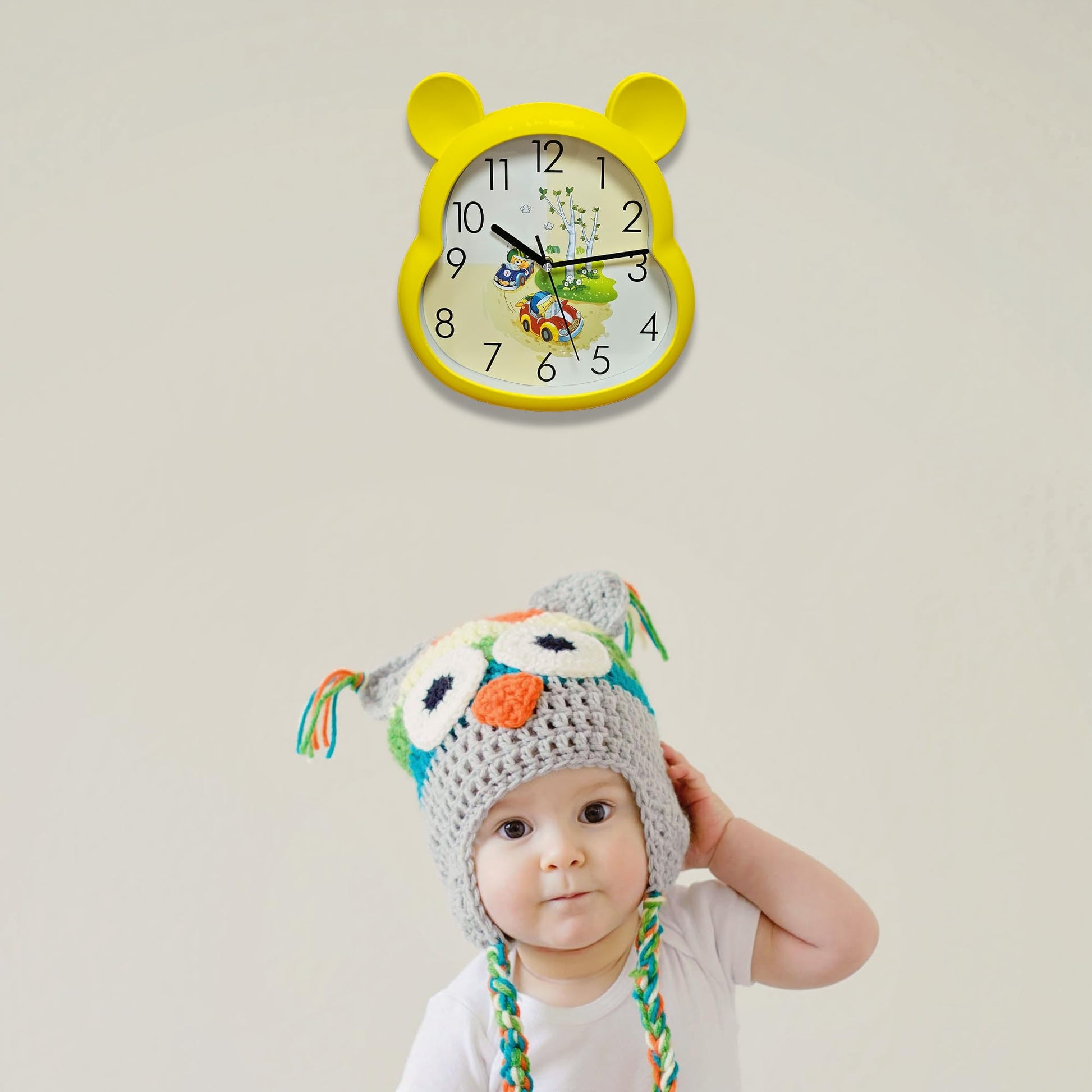 yellow non-ticking wall clock for kids, yellow quartz clock for classroom, 35 cm round wall clock yellow, battery powered silent children's clock, large numbers round clock yellow