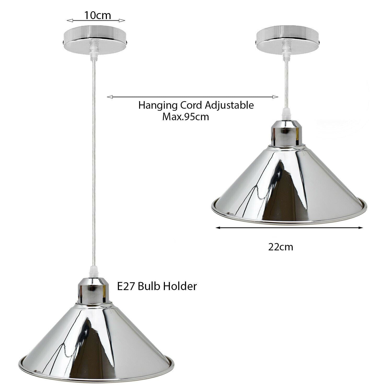 Modern Industrial Loft Chrome Ceiling Pendant Light Metal Cone Shape Shade Indoor Hanging Light Fitting For Basement, Bedroom, Conservatory~1184 - LEDSone UK Ltd