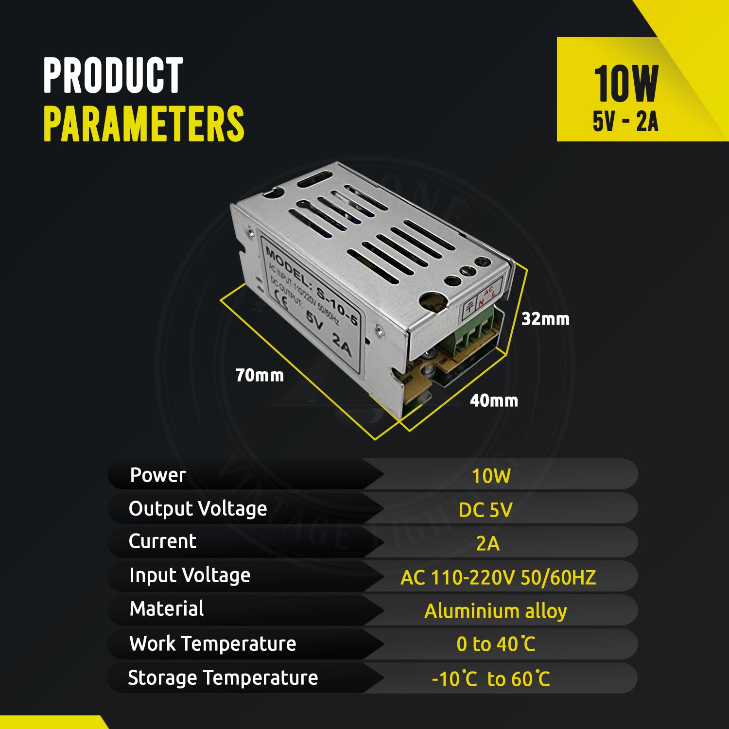 LED Driver DC 5V 10w IP20 2 Amp Constant Voltage Transformer- Product Parameter 