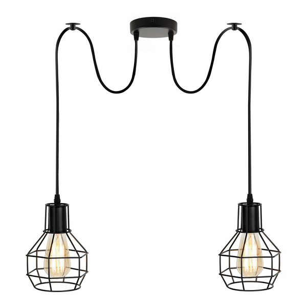 Lámpara colgante de araña plateada de 2 luces para interiores con diseño de jaula ~3489 – Negro / Con bombilla