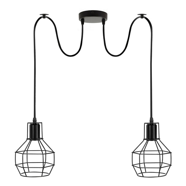 Lámpara colgante de araña plateada de 2 luces para interiores con diseño de jaula ~3489 – Negro / Sin bombilla