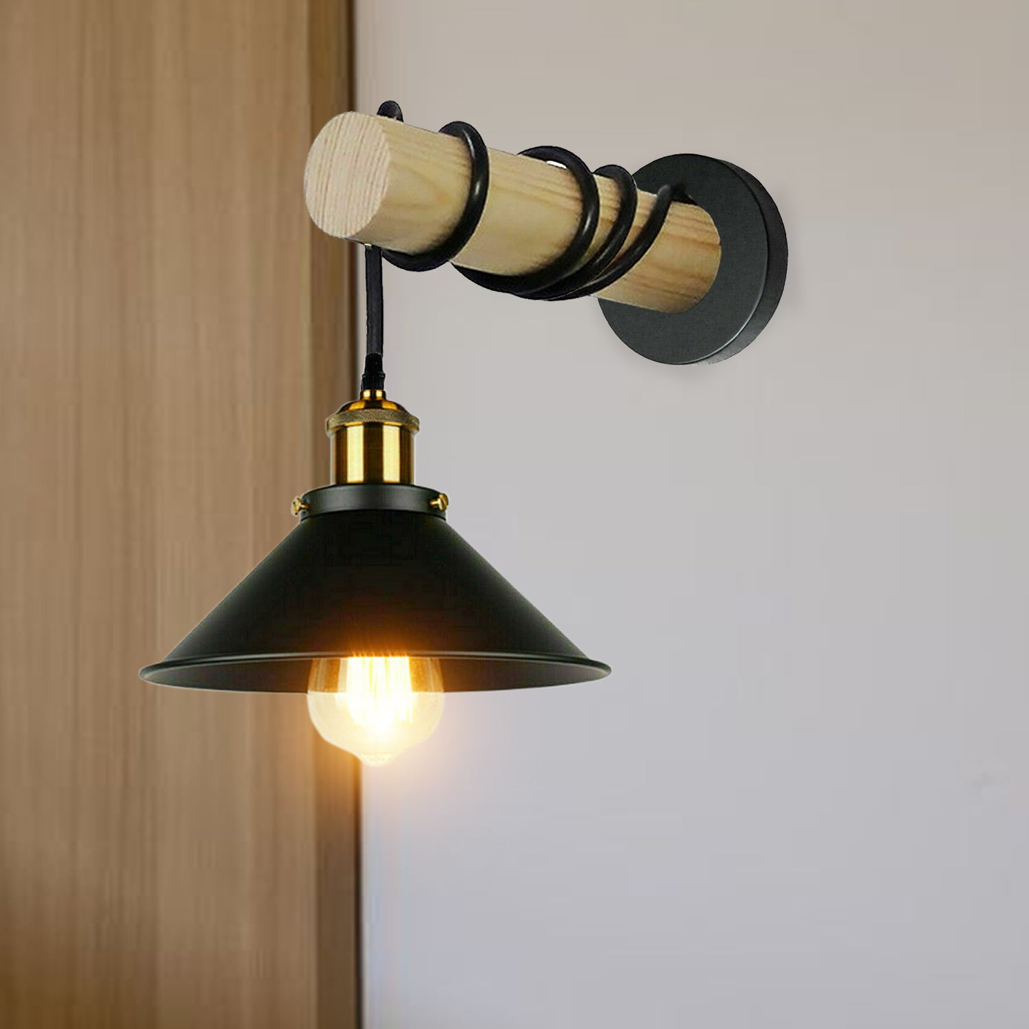 Modern Combined Solid Wooden Arm Chandelier Lighting With Black Cone Shaped Metal Shade wall sconce~3471 - LEDSone UK Ltd