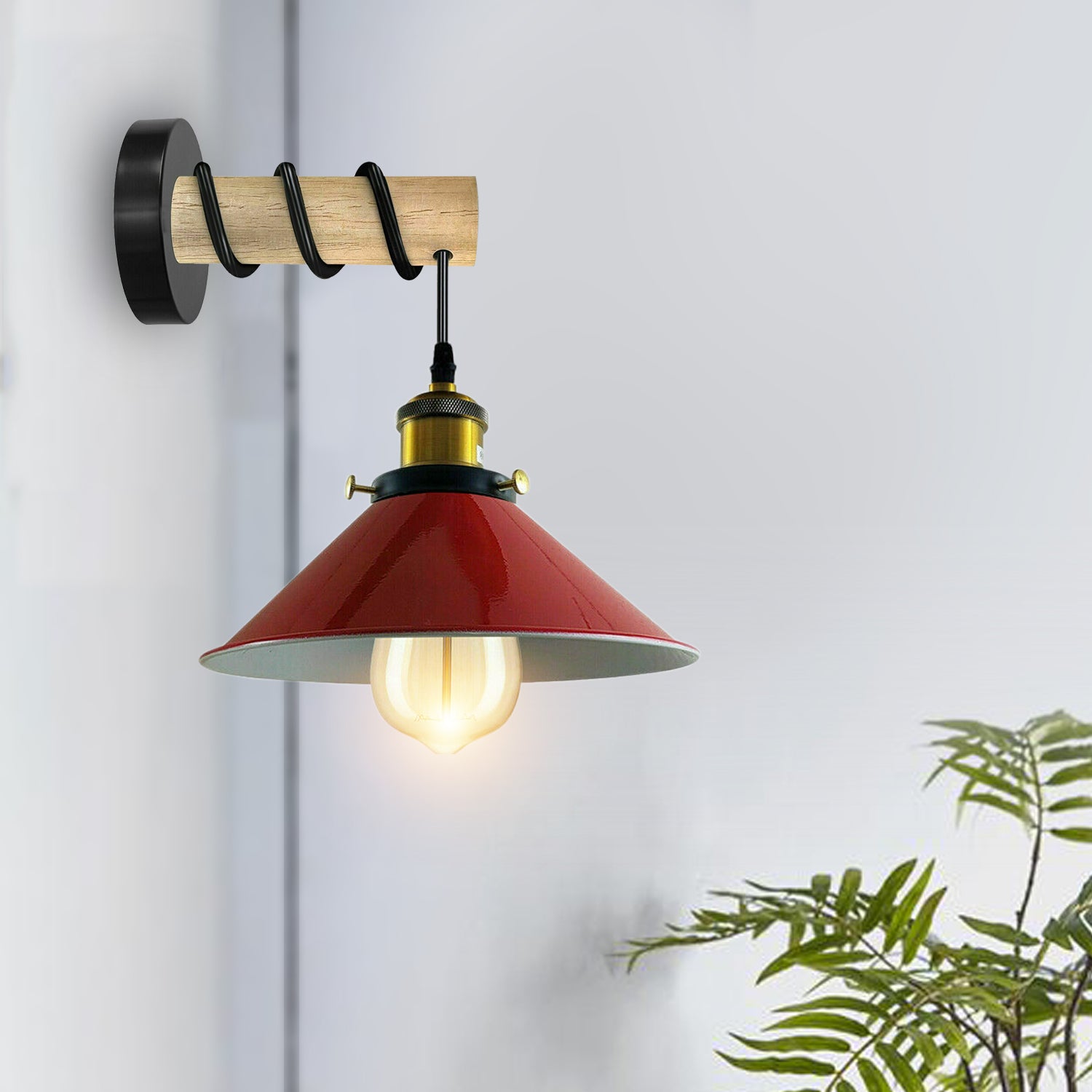 Modern Combined Solid Wooden Arm Chandelier Lighting With Red Cone Shaped Metal Shade wall sconce~3475 - LEDSone UK Ltd