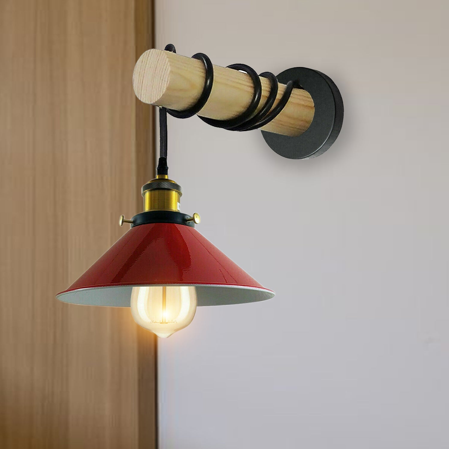 Modern Combined Solid Wooden Arm Chandelier Lighting With Red Cone Shaped Metal Shade wall sconce~3475 - LEDSone UK Ltd