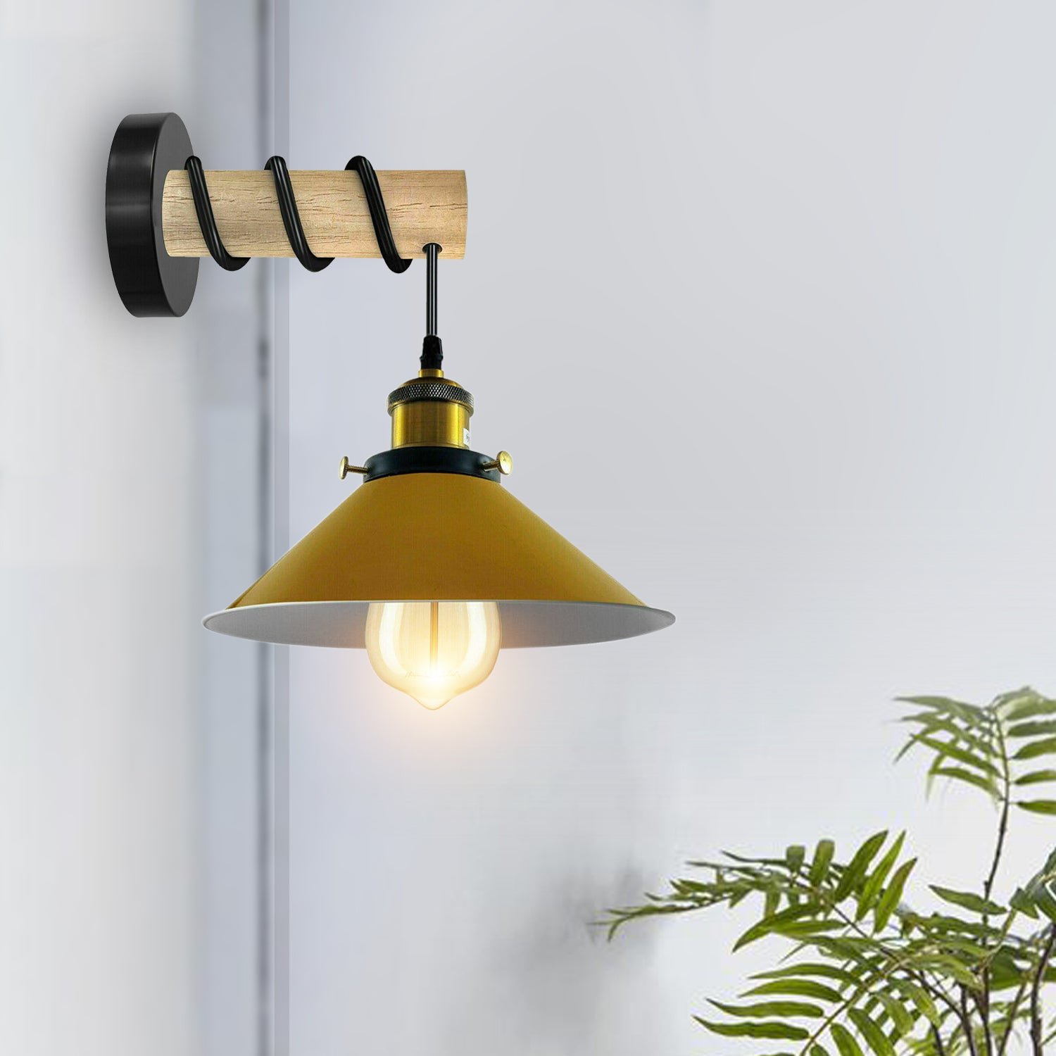 Modern Combined Solid Wooden Arm Chandelier Lighting With Yellow Cone Shaped Metal Shade wall sconce~3477 - LEDSone UK Ltd