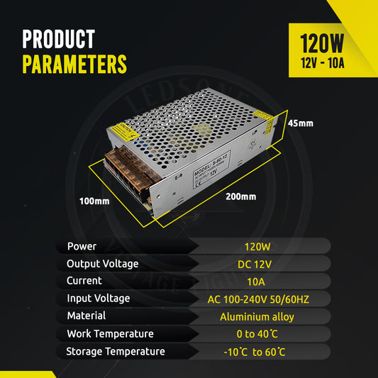 12V LED Driver 120W 10A Power Supply 110V-240V AC to 12V DC IP20 Transformer~3376