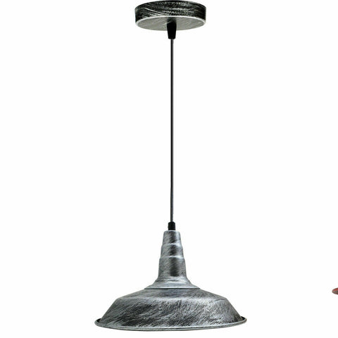 Industrial Vintage New Pendant Ceiling Light 26cm Bowl Shade Brushed Silver E27Uk Holder~3725