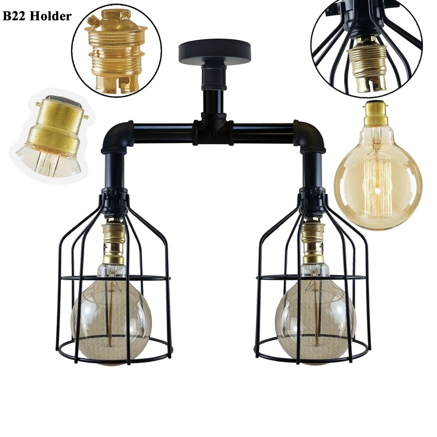 Industrial B22 Vintage Ceiling Lights Metal Pipe Retro Loft Ceiling and Cage Lamps~3667 - LEDSone UK Ltd