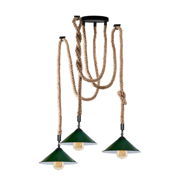 Lámpara de araña de cáñamo de 3 cabezas, estilo industrial vintage, estilo retro, color verde, cono, casquillo E27 (Reino Unido) ~3711 – Sí