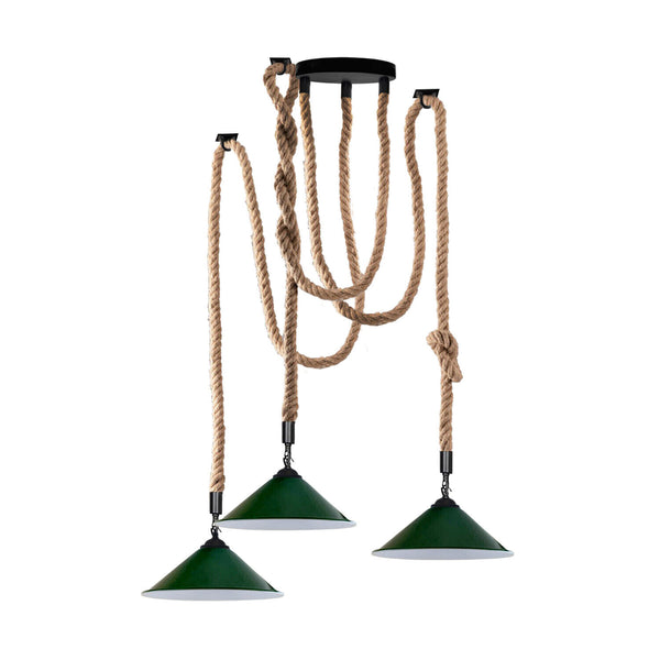 Lámpara de araña de cáñamo de 3 cabezas, estilo industrial vintage, estilo retro, color verde, cono, casquillo E27 (Reino Unido) ~3711 – No