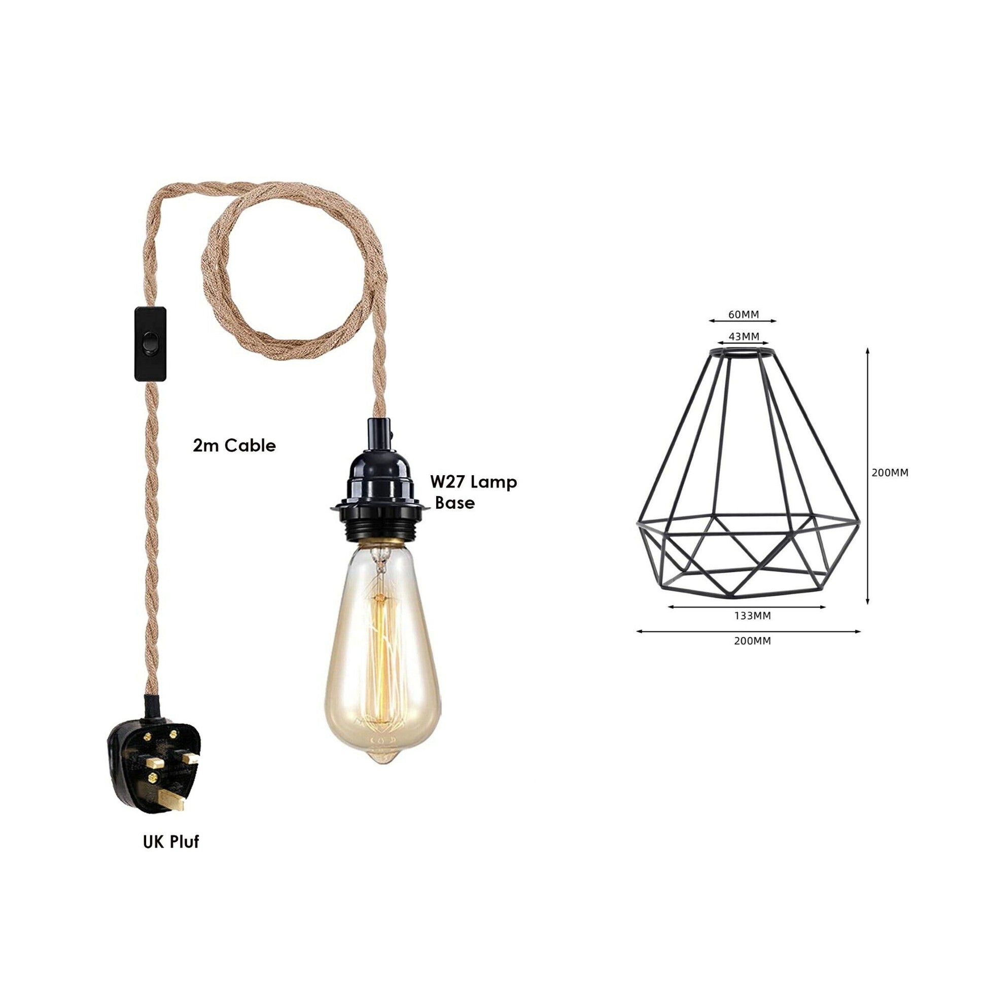fabric hemp flex cable kit plug in pendant lamp light e27 fitting 