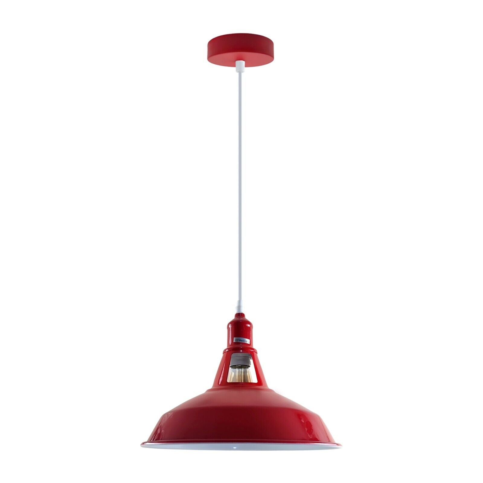 Red lampshade hanging from the ceiling