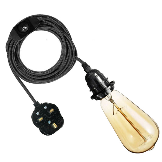 4M Fabric Flex Cable UK Black colour Plug In Pendant Lamp Light Set E27 Bulb Holder+ switch~3747 - LEDSone UK Ltd