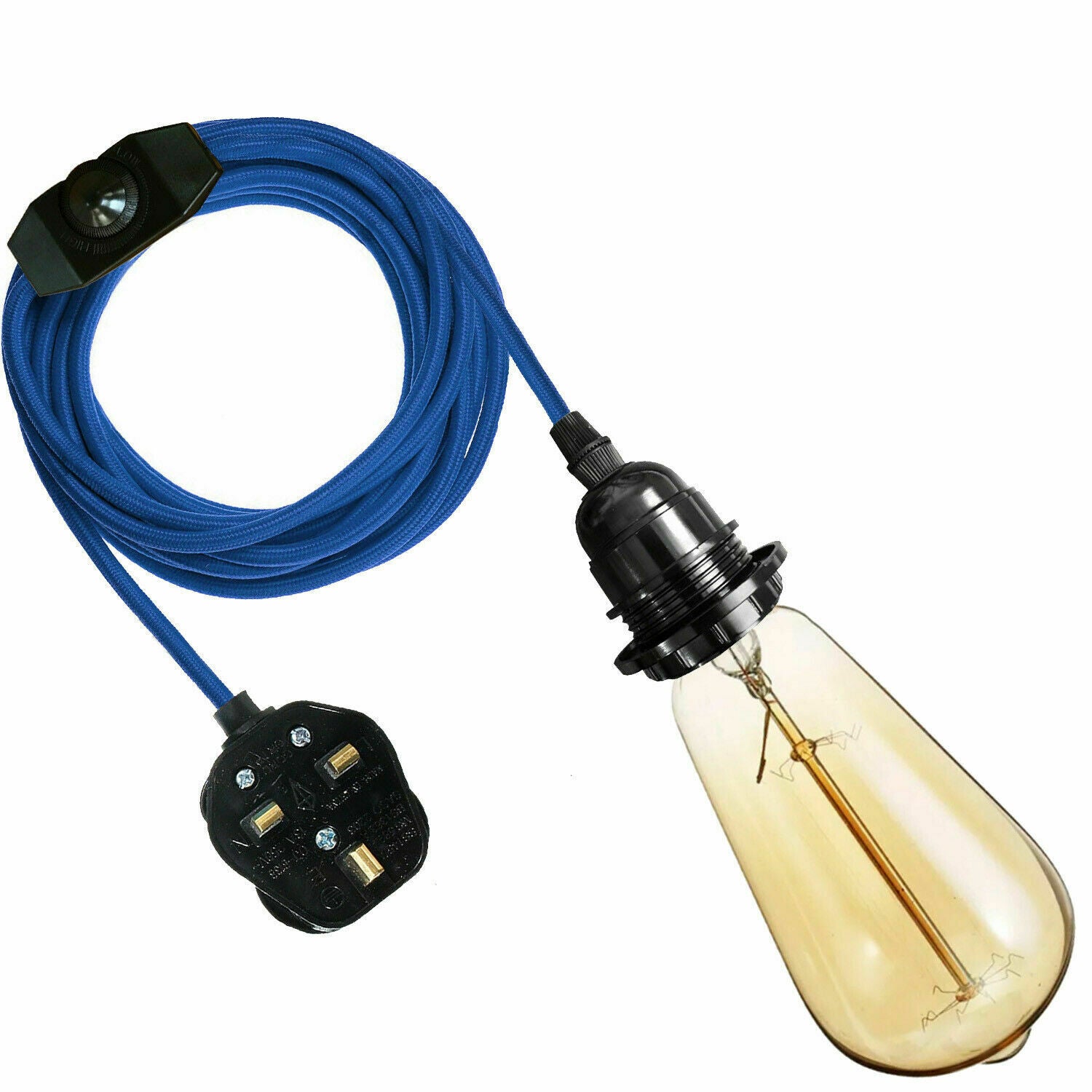 4M Fabric Flex Cable UK Blue colour Plug In Pendant Lamp Light Set E27 Bulb Holder+ switch