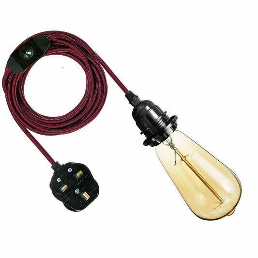 4M Fabric Flex Cable UK Burgundy colour Plug In Pendant Lamp Light Set E27 Bulb Holder+ switch~3745 - LEDSone UK Ltd