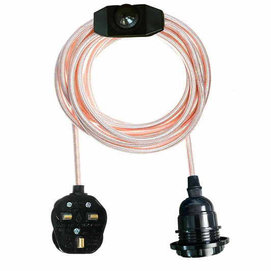 4M Fabric Flex Cable UK Rose Gold colour Plug In Pendant Lamp Light Set E27 Bulb Holder+ switch~3753 - LEDSone UK Ltd